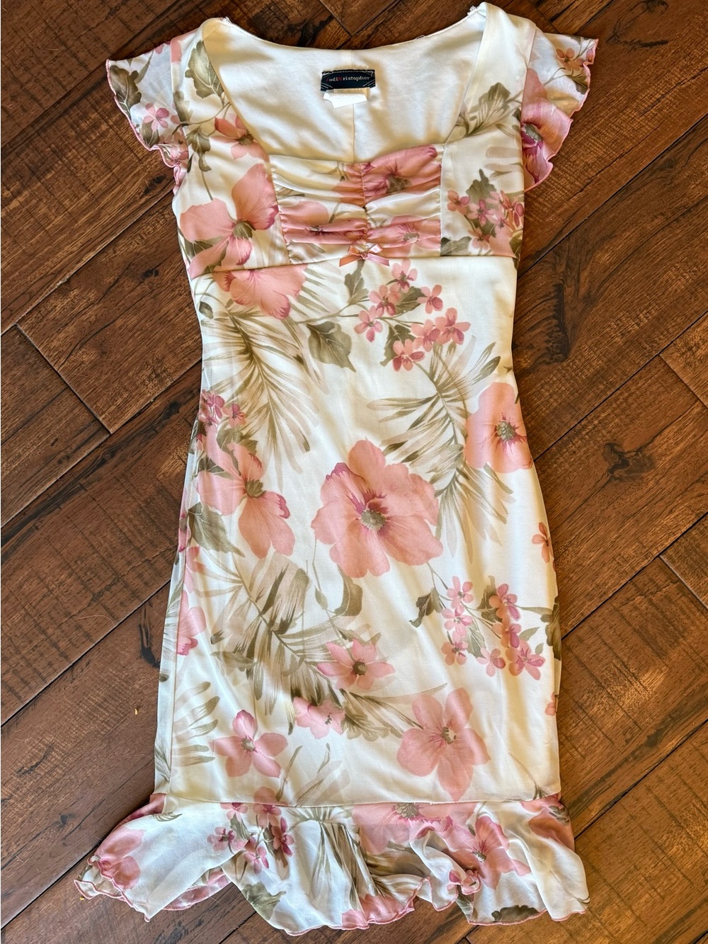 Y2K Pink Floral Flutter Sleeve Midi Dress Bow Ruffle Hem